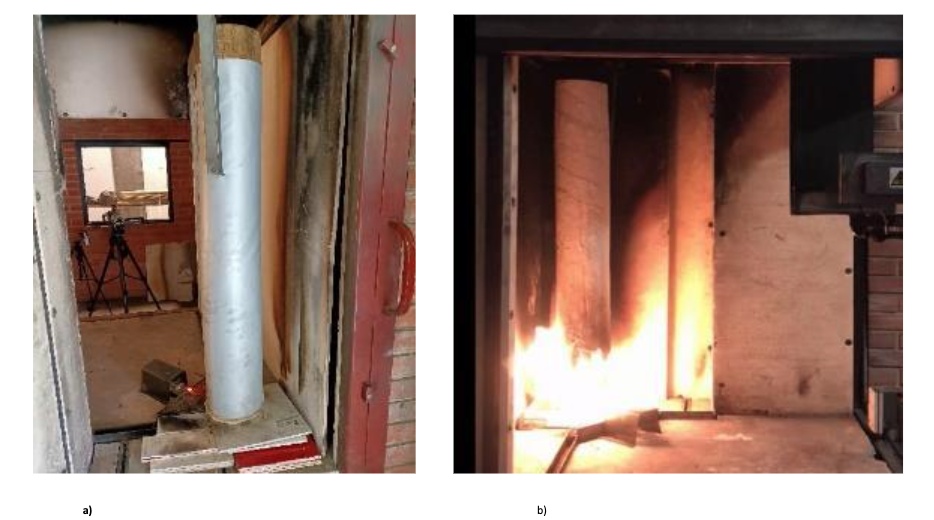 a) Colocação do poste no equipamento SBI; b) Poste sob ensaio 